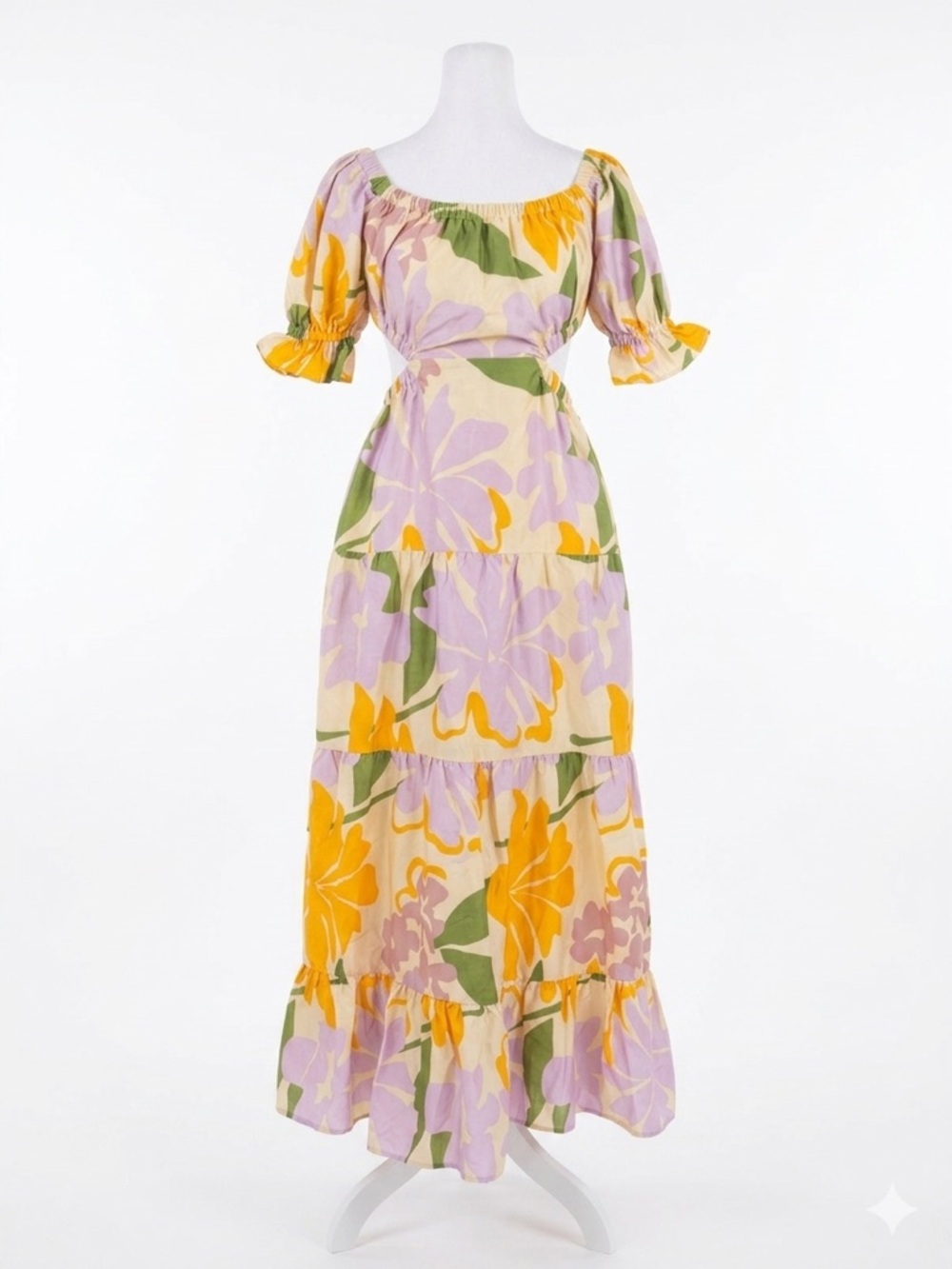 NWT Sabo Skirt Poppi Floral Cutout Tiered Maxi‎ Dress Lavender Orange Medium